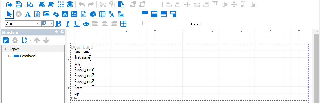 The mailing label in the editor. The selected database fields are arranged in the order they were added: last name; first name; city; street 1, 2, and 3; state; and zip.